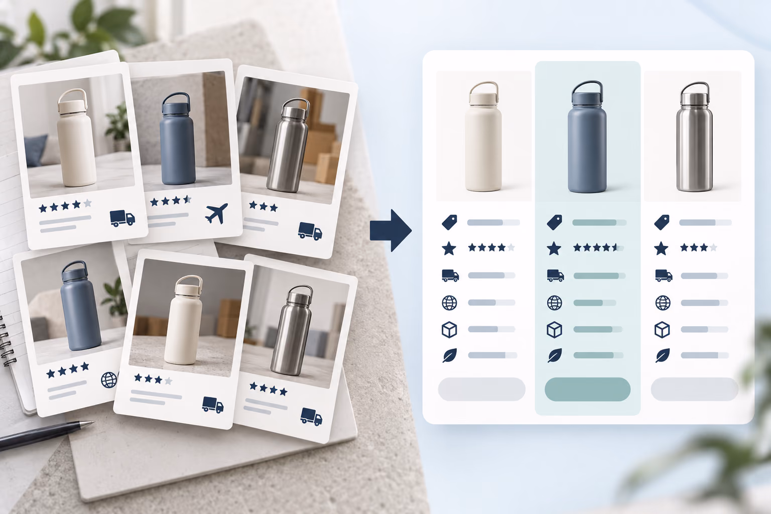 Scattered bottle supplier cards organized into one aligned comparison board